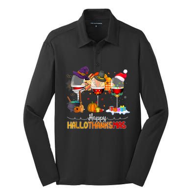 Christmas Thanksgiving Halloween Wine Happy Hallothanksmas Silk Touch Performance Long Sleeve Polo