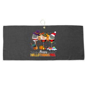 Christmas Thanksgiving Halloween Wine Happy Hallothanksmas Large Microfiber Waffle Golf Towel