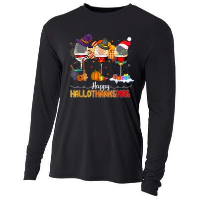 Christmas Thanksgiving Halloween Wine Happy Hallothanksmas Cooling Performance Long Sleeve Crew