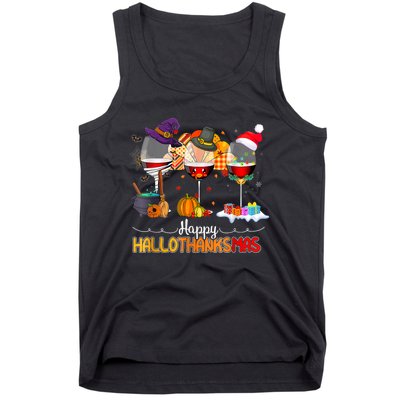 Christmas Thanksgiving Halloween Wine Happy Hallothanksmas Tank Top