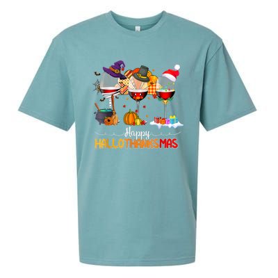 Christmas Thanksgiving Halloween Wine Happy Hallothanksmas Sueded Cloud Jersey T-Shirt