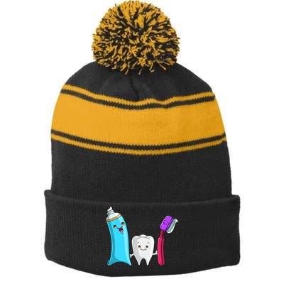 Cute Tooth Holding Toothbrush And Toot Paste Stripe Pom Pom Beanie