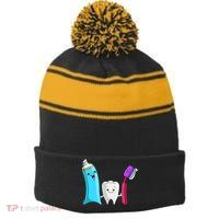 Cute Tooth Holding Toothbrush And Toot Paste Stripe Pom Pom Beanie