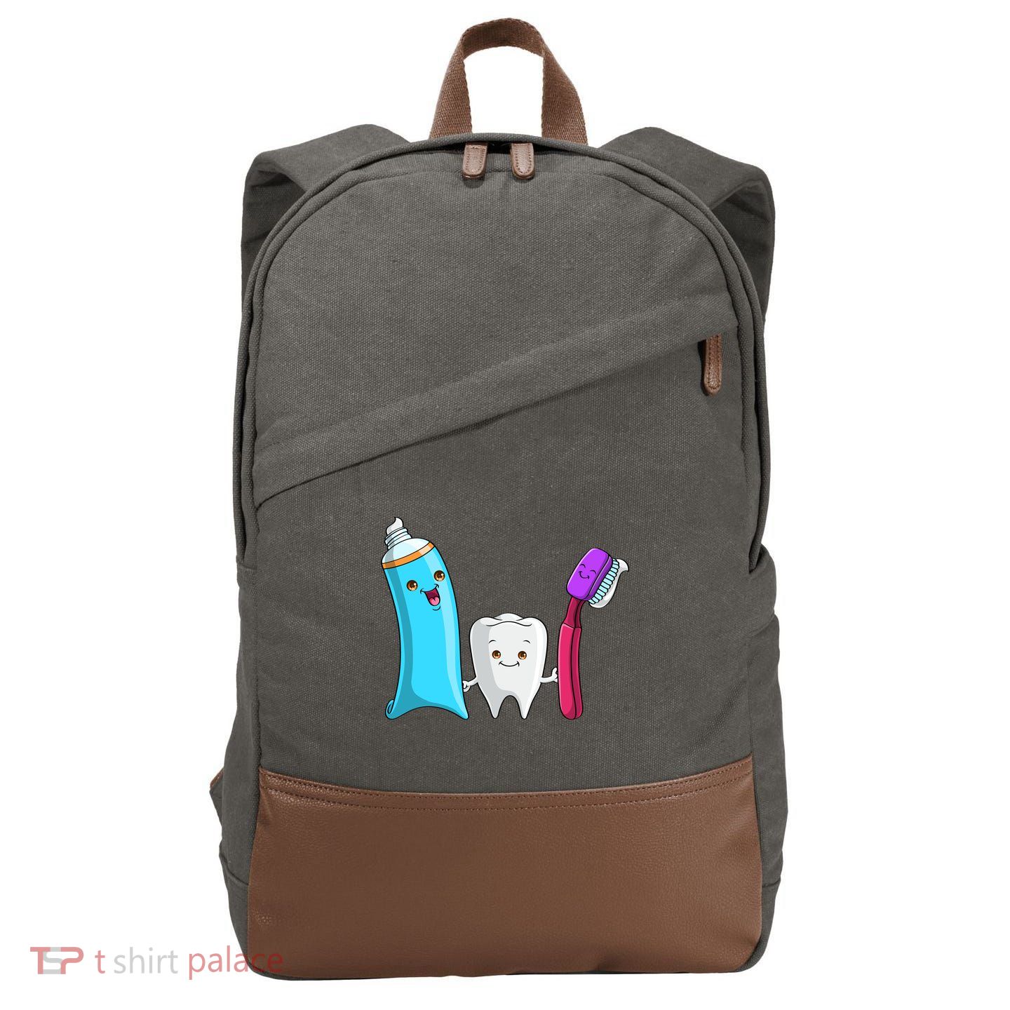 Cute Tooth Holding Toothbrush And Toot Paste Cotton Canvas Backpack