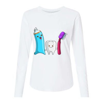 Cute Tooth Holding Toothbrush And Toot Paste Womens Cotton Relaxed Long Sleeve T-Shirt