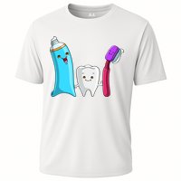 Cute Tooth Holding Toothbrush And Toot Paste Cooling Performance Crew T-Shirt