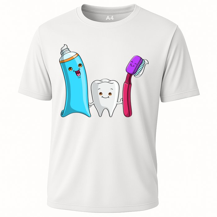 Cute Tooth Holding Toothbrush And Toot Paste Cooling Performance Crew T-Shirt