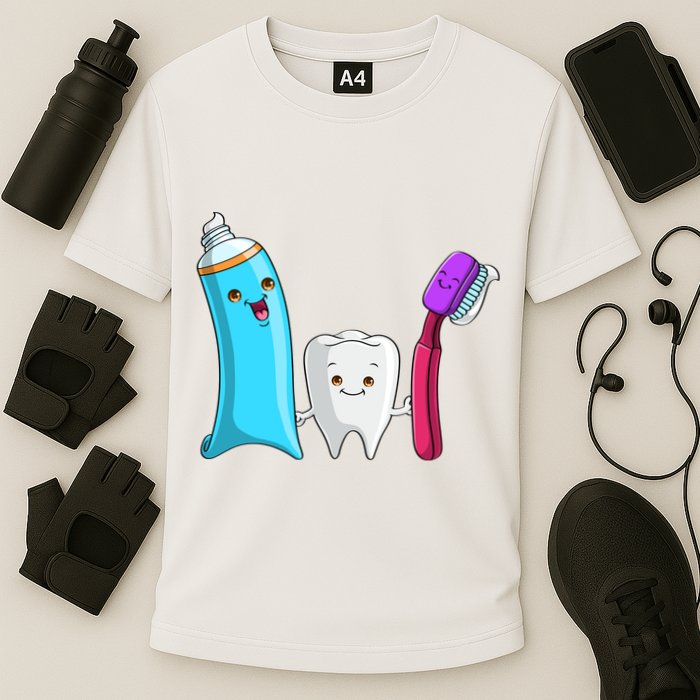 Cute Tooth Holding Toothbrush And Toot Paste Cooling Performance Crew T-Shirt