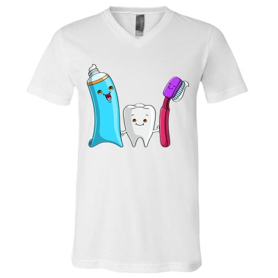 Cute Tooth Holding Toothbrush And Toot Paste V-Neck T-Shirt