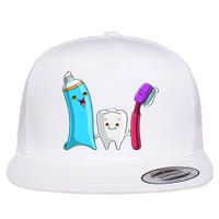 Cute Tooth Holding Toothbrush And Toot Paste Flat Bill Trucker Hat