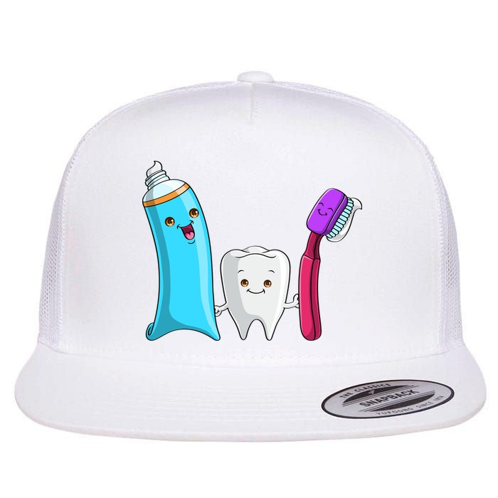 Cute Tooth Holding Toothbrush And Toot Paste Flat Bill Trucker Hat