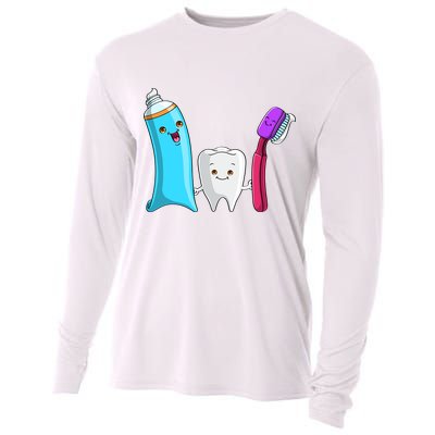 Cute Tooth Holding Toothbrush And Toot Paste Cooling Performance Long Sleeve Crew
