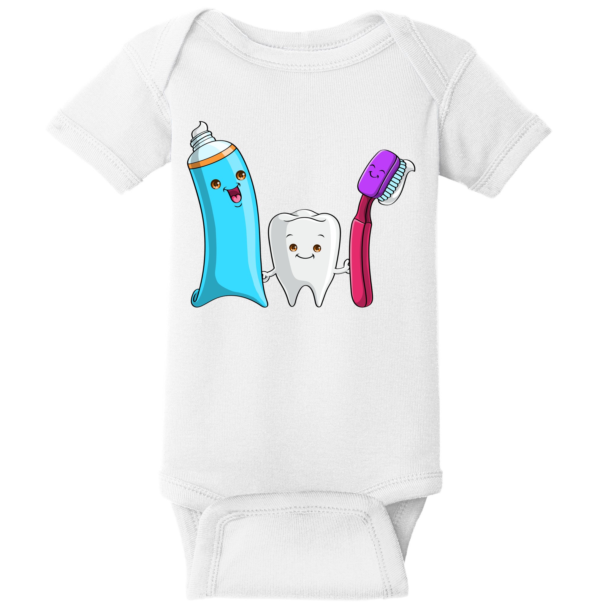 Cute Tooth Holding Toothbrush And Toot Paste Baby Bodysuit