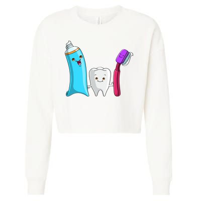 Cute Tooth Holding Toothbrush And Toot Paste Cropped Pullover Crew