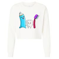Cute Tooth Holding Toothbrush And Toot Paste Cropped Pullover Crew