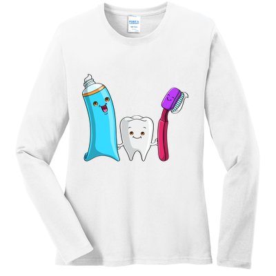 Cute Tooth Holding Toothbrush And Toot Paste Ladies Long Sleeve Shirt