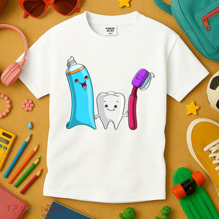 Cute Tooth Holding Toothbrush And Toot Paste Kids T-Shirt