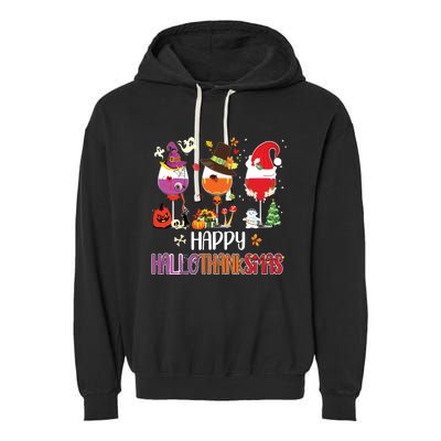 Christmas Thanksgiving Halloween Wine Happy Hallothanksmas Garment-Dyed Fleece Hoodie