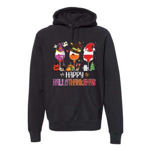 Christmas Thanksgiving Halloween Wine Happy Hallothanksmas Premium Hoodie