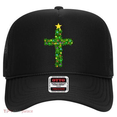 Christmas Tree Holly Cross High Crown Mesh Back Trucker Hat