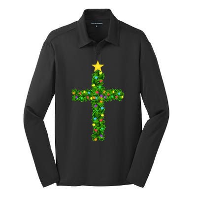 Christmas Tree Holly Cross Silk Touch Performance Long Sleeve Polo