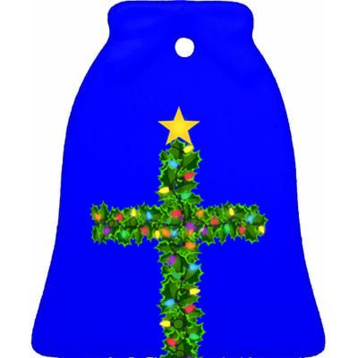 Christmas Tree Holly Cross Ceramic Bell Ornament