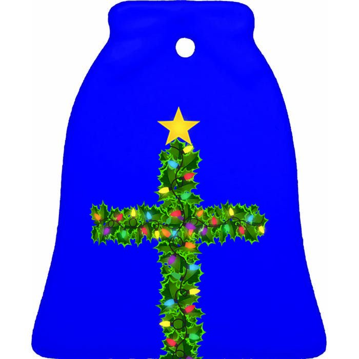 Christmas Tree Holly Cross Ceramic Bell Ornament