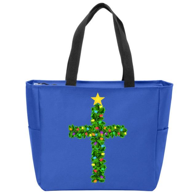 Christmas Tree Holly Cross Zip Tote Bag