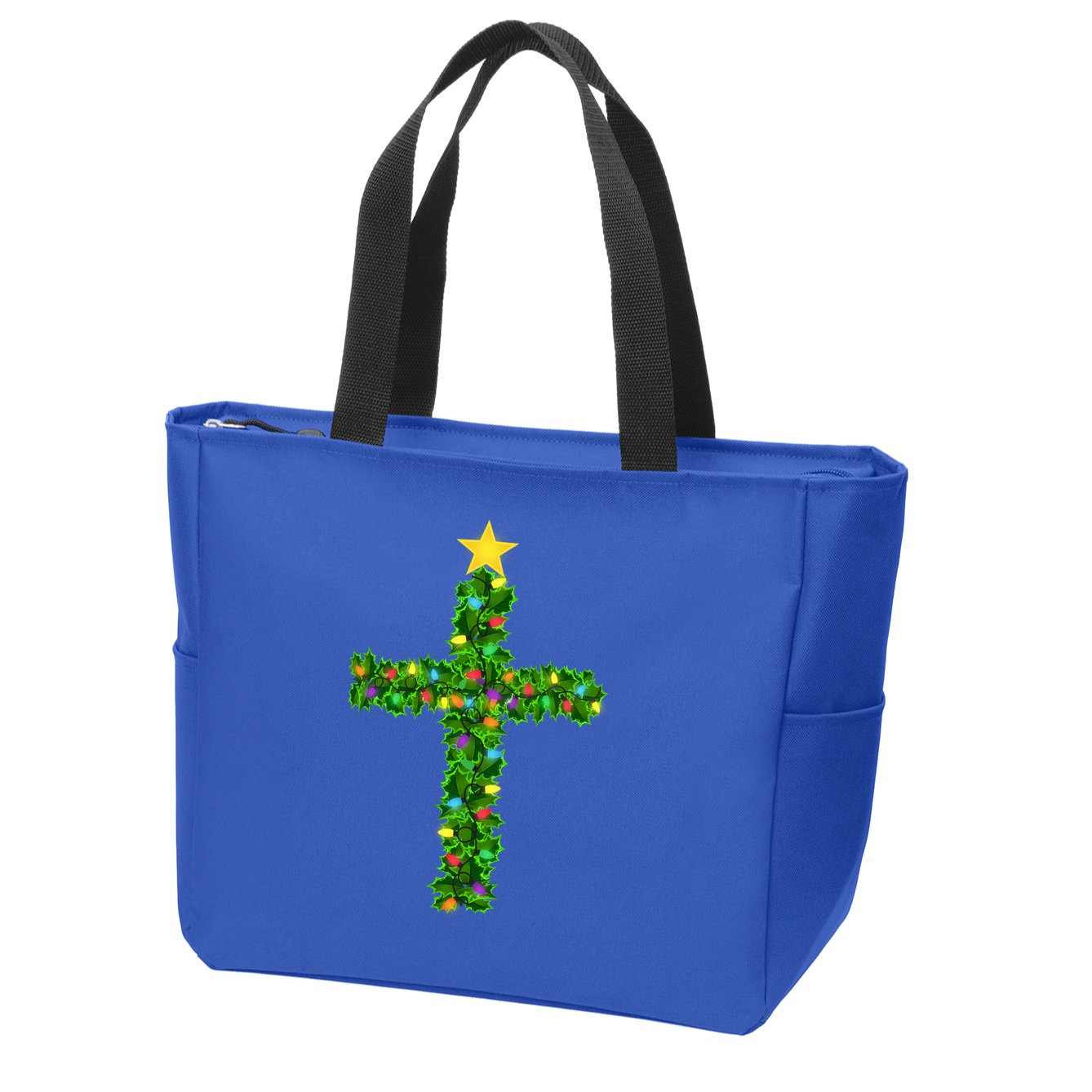 Christmas Tree Holly Cross Zip Tote Bag