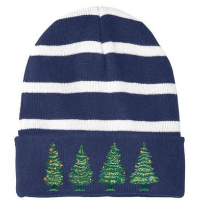 Christmas Trees Holiday Season Striped Beanie with Solid Band