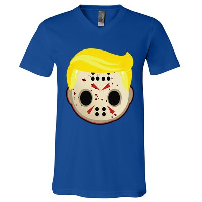 Cute Trump In Hockey Mask Funny Halloween Horror V-Neck T-Shirt