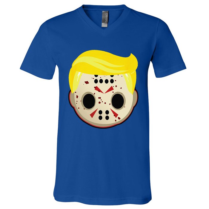 Cute Trump In Hockey Mask Funny Halloween Horror V-Neck T-Shirt