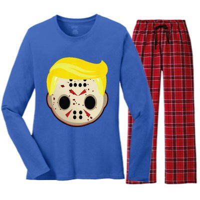 Cute Trump In Hockey Mask Funny Halloween Horror Women's Long Sleeve Flannel Pajama Set 