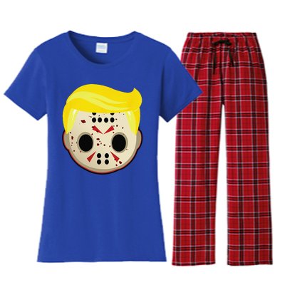 Cute Trump In Hockey Mask Funny Halloween Horror Women's Flannel Pajama Set