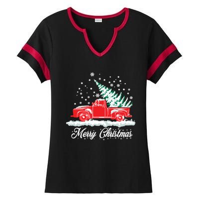 Christmas Tree In Back Of Old Red Pick Up Truck Snowing Gift Ladies Halftime Notch Neck Tee