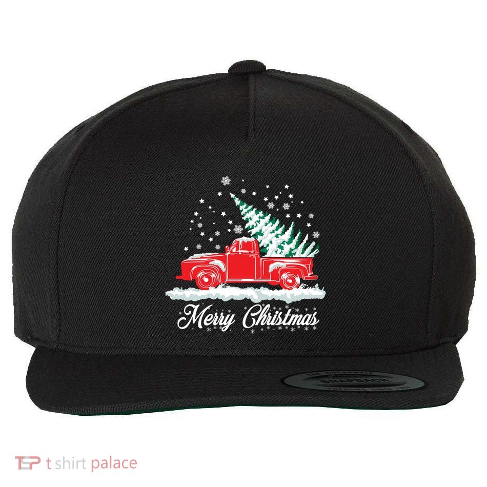 Christmas Tree In Back Of Old Red Pick Up Truck Snowing Gift Wool Snapback Cap