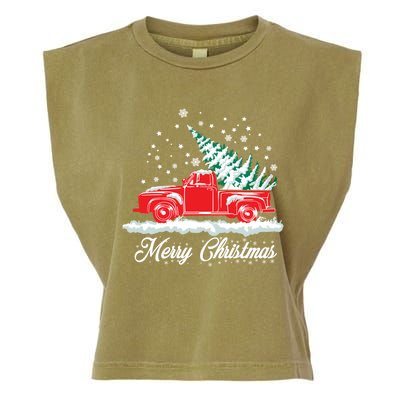 Christmas Tree In Back Of Old Red Pick Up Truck Snowing Gift Garment-Dyed Women's Muscle Tee