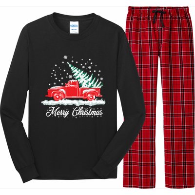 Christmas Tree In Back Of Old Red Pick Up Truck Snowing Gift Long Sleeve Pajama Set