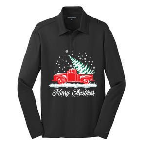 Christmas Tree In Back Of Old Red Pick Up Truck Snowing Gift Silk Touch Performance Long Sleeve Polo