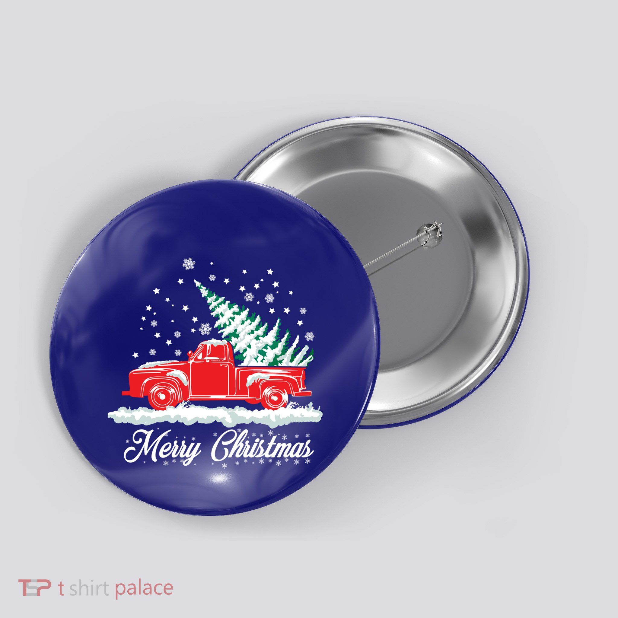 Christmas Tree In Back Of Old Red Pick Up Truck Snowing Gift Button