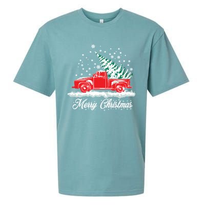 Christmas Tree In Back Of Old Red Pick Up Truck Snowing Gift Sueded Cloud Jersey T-Shirt