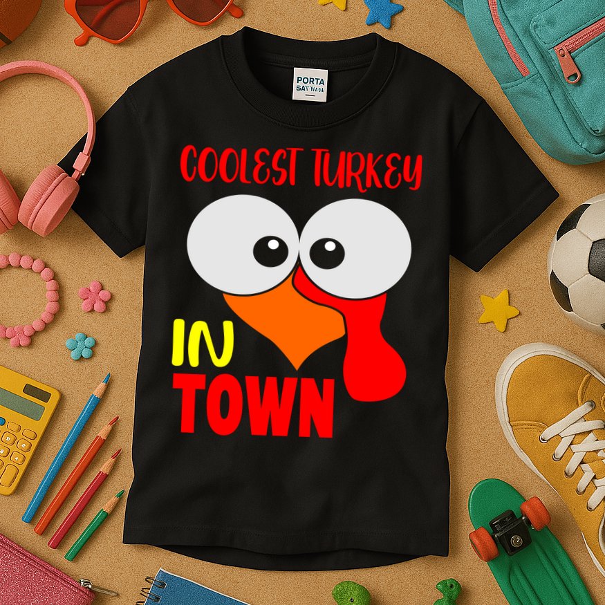 Coolest Turkey In Town Funny Thanksgiving Kids T-Shirt