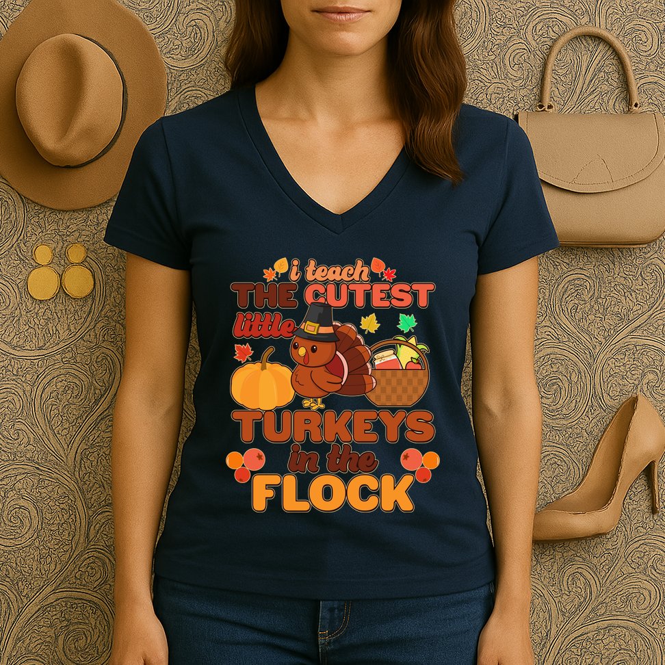 Cute Thanksgiving I Teach The Cutest Little Turkeys In The Flock Women's V-Neck T-Shirt