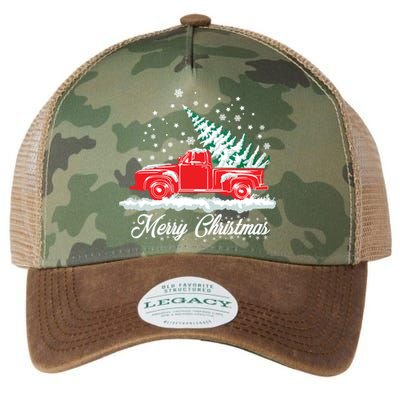 Christmas Tree In Back of Old Red Pick Up Truck Snowing Legacy Tie Dye Trucker Hat