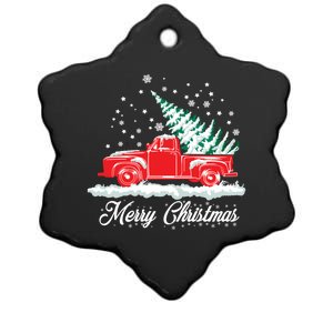 Christmas Tree In Back of Old Red Pick Up Truck Snowing Ceramic Star Ornament