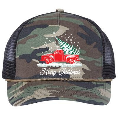 Christmas Tree In Back of Old Red Pick Up Truck Snowing Retro Rope Trucker Hat Cap