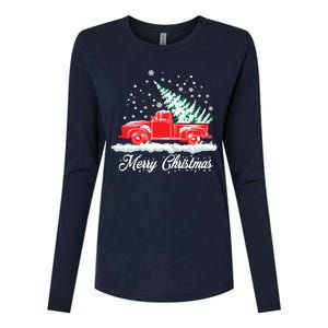 Christmas Tree In Back of Old Red Pick Up Truck Snowing Womens Cotton Relaxed Long Sleeve T-Shirt