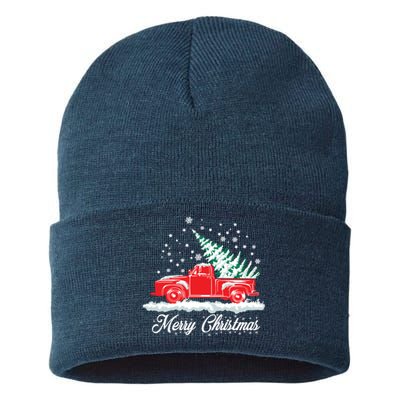 Christmas Tree In Back of Old Red Pick Up Truck Snowing Sustainable Knit Beanie