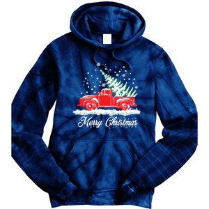 Christmas Tree In Back of Old Red Pick Up Truck Snowing Tie Dye Hoodie