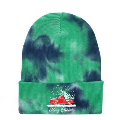 Christmas Tree In Back of Old Red Pick Up Truck Snowing Tie Dye 12in Knit Beanie